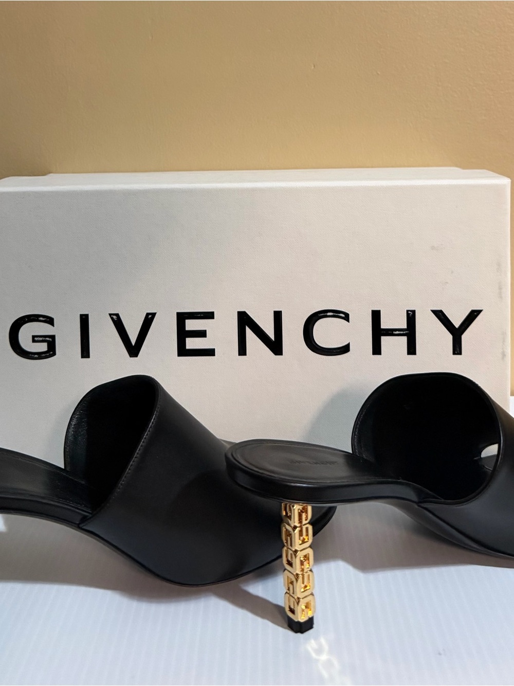 Givenchy Black Calf Leather Heel Mules with Gold G Sculpted Chain Heel